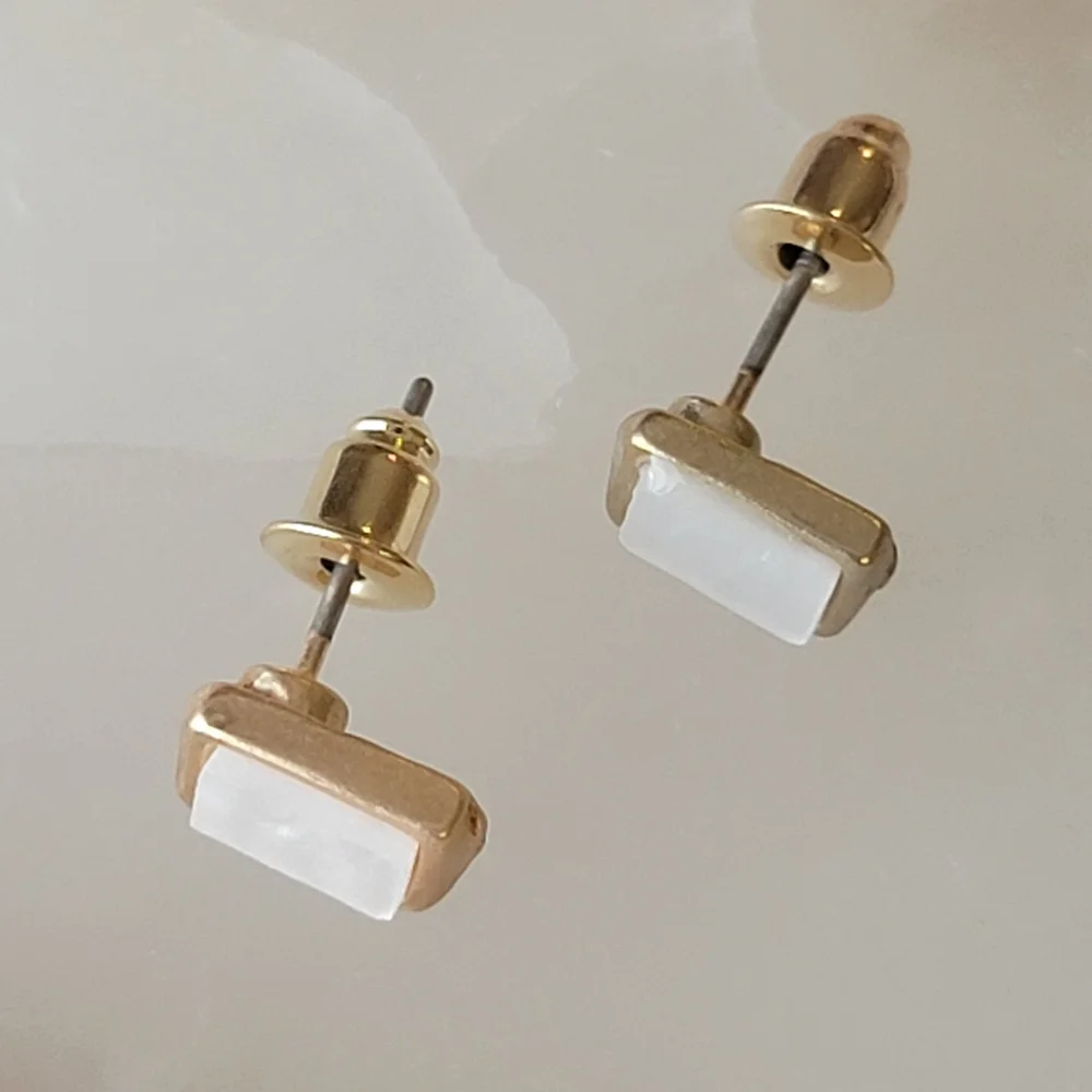 Pearlescent Gold Faux Mother of Pearl Rectangular Stud Earrings